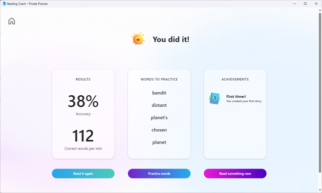 Screenshot of Reading Coach Preview