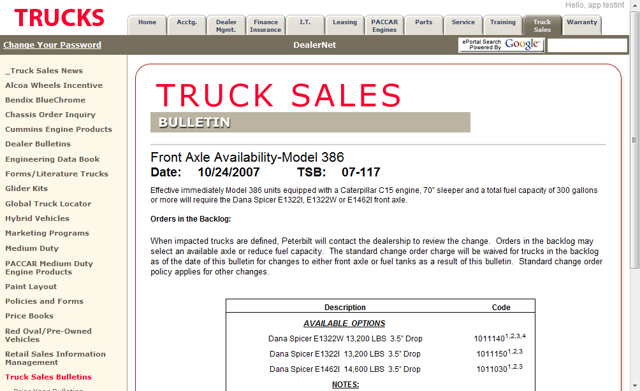 Screenshot of Extranet Business Portal